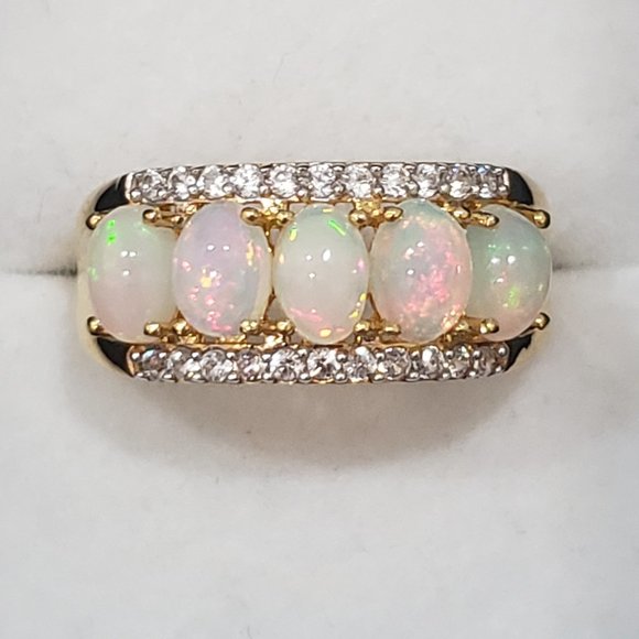 Ethiopian Welo Opal & White Zircon band ring sz 8 - Picture 1 of 5